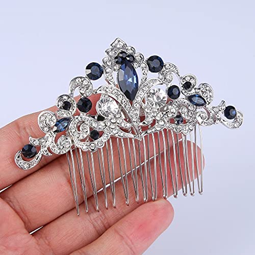 EVER FAITH Navy Blue Crystal Hair Comb, Art Deco Flower Vine Bridal Accessory