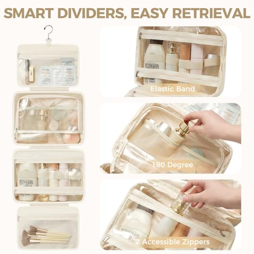 Prezon Portable Hanging Toiletry Bag for Women - 4 Leakproof Compartments, Beige