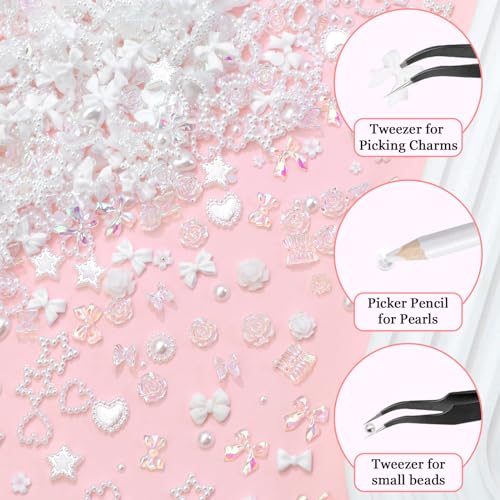 RODAKY White 3D Nail Charms Set with Bows Hearts Butterflies Assorted Decorations