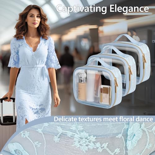 PACKISM Clear Makeup Bag Travel Set Blue - TSA Approved 3 Pack, Medium Edition with Lace Pattern