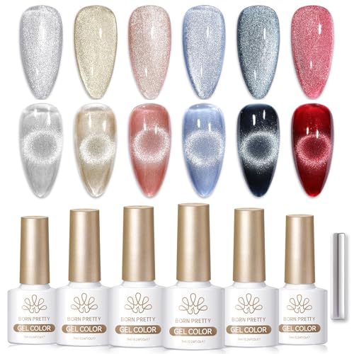 Born Pretty Cat Eye Gel Nail Polish Set - 6 Color Holographic Glitter Kit