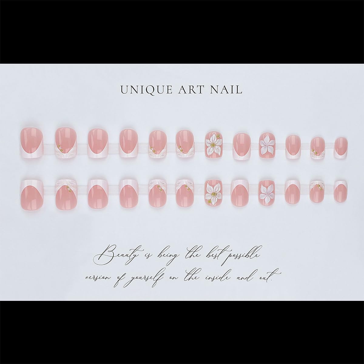 White French Tip Press on Nails Short Square Fake Nails with 3D Flower & Rhinestone Design Nude Pink Glossy False Nails Reusable Acrylic Glue on Nails for Women Daily Stick on Nails 24Pcs