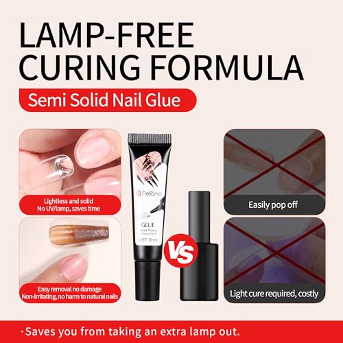 Nelrona 10ml Semi Solid Nail Glue & Remover Set - Quick Dry, Long Lasting 30+ Days for Press-On & Acrylic Nails - No Lamp Needed, Mess-Free Application