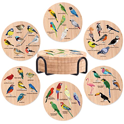 Bird-Themed Bamboo Wood Coasters Set of 6 with Holder
