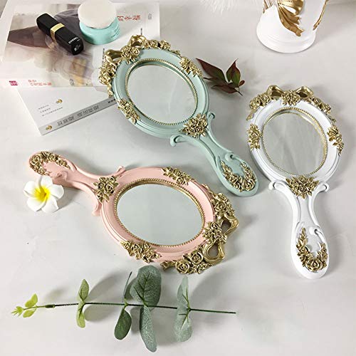 White Vintage Handheld Makeup Mirror - Rose Gold Compact Design