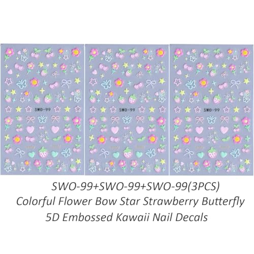 Juggssa Sweet Flower 5D Embossed Nail Stickers – Colorful Cherry, Strawberry, Heart & Star Designs for Manicure, 3 Sheets