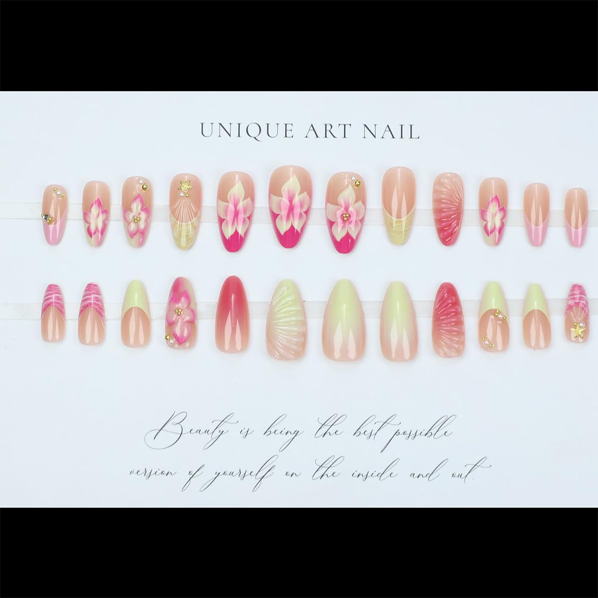 Medium Almond French Tip Press-On Nails - 3D Hibiscus & Gold Starfish Design | 24 Pcs Glossy Summer Acrylics