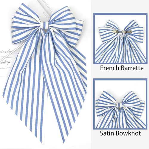 Large Striped Blue Hair Bow for Women & Girls - Oversized Long Tails Hair Clips Gift