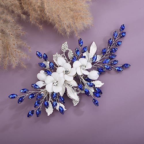 Xerling Royal Blue Rhinestone Flower Hair Barrette for Weddings