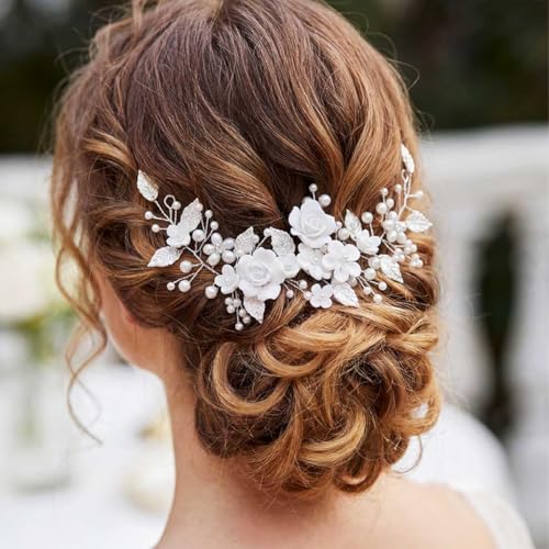 Silver Pearl Flower Bridal Hair Vine for Wedding and Prom