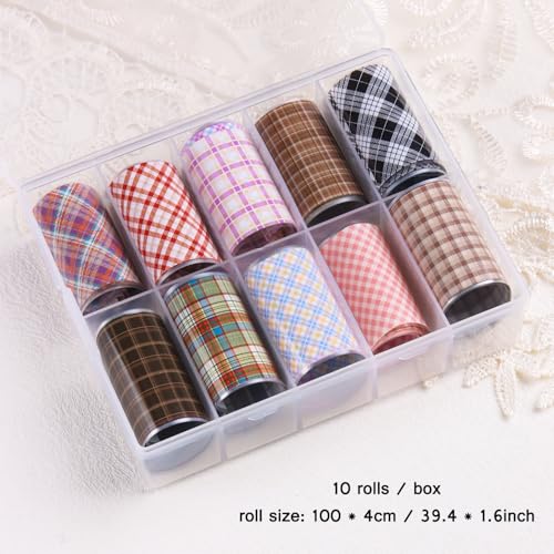 10 Rolls Plaid Nail Foil Transfer Sheets for Nail Art