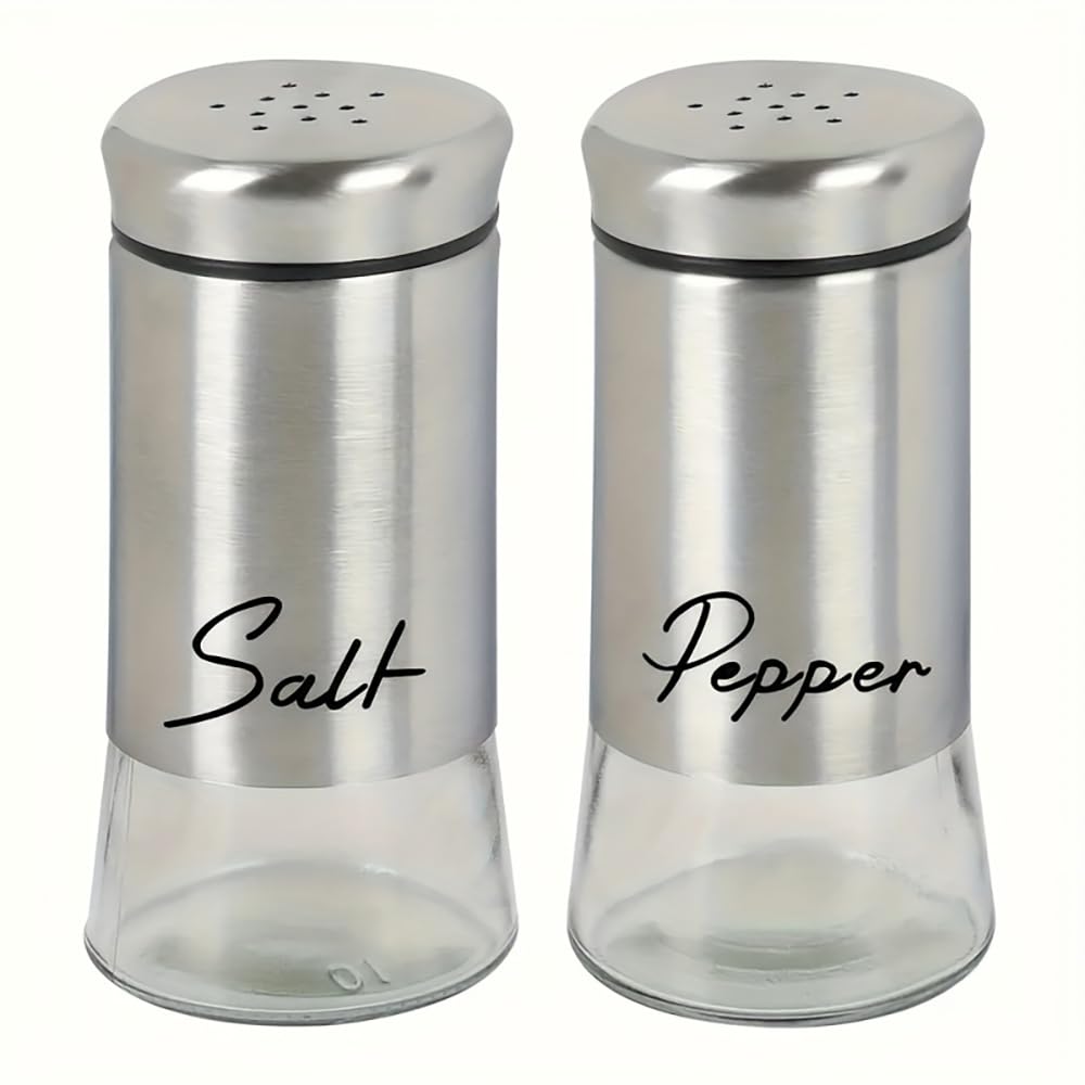 2 PCS Salt and Pepper Shakers Set, 5 Ounce Salt and Pepper Dispenser, Glass Bottom Salt Pepper Seasoning Jar with Stainless Steel Lid for Kitchen Small Tools Cooking Table, RV, Camping Silver