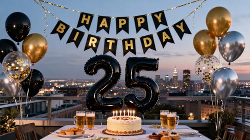 25th Birthday Decorations Set for Men - Black, Gold & Silver Balloons