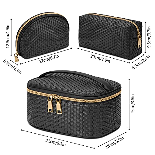 KTMOUW 3-Piece Waterproof Travel Makeup Bag Set - Woven PU Leather Organizer