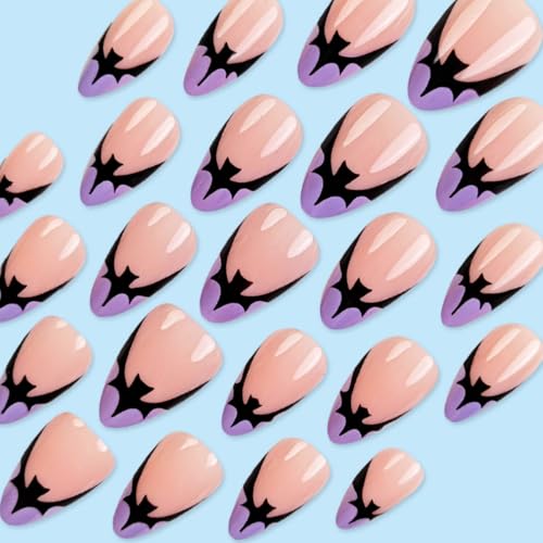 Halloween Design 13 Short French Tip Fake Nails with Glue - Black Bat Nude Acrylic Manicure Tips for Women DIY Party & Holiday, 24Pcs