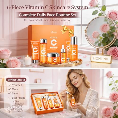 6-Piece Hydrating Vitamin C Skincare Set with Niacinamide, Daily Face Care Routine Includes Cleanser, Toner, Serum, Moisturizer, Eye Cream & Body Lotion for Self Care