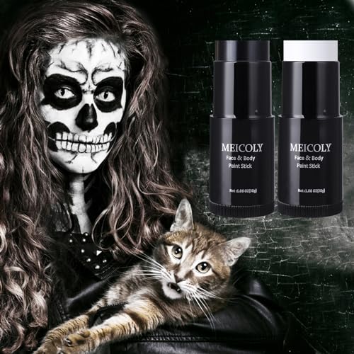 MEICOLY Black & White Face Body Paint Stick Set with Sponges & Setting Powder for Halloween & SFX Makeup