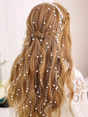 Pearl Bridal Headband with Tassel, Silver Wedding Hair Vine Headpiece