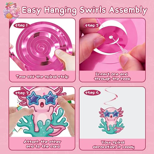 Axolotl Birthday Party Decorations - 22 Pcs Kit with Banners & Swirls