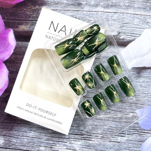 Green Lightning Press on Nails Medium Square Fake Nails 24Pcs Reusable Glossy Acrylic DIY Manicure