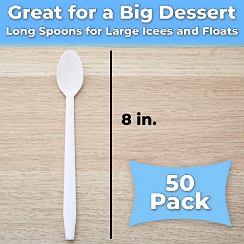 Premium 8-Inch White Sundae Spoons - 50ct Heavy Duty Plastic Utensils for Ice Cream & Milkshakes