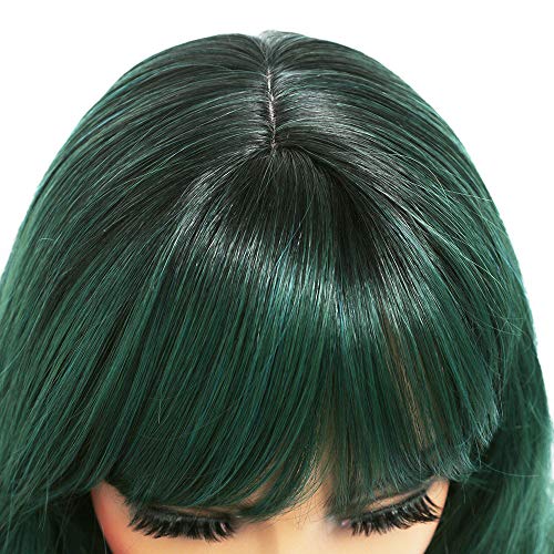 ANDRIA 26 Inch Ombre Green Wavy Wig with Bangs - Synthetic Heat Resistant Hair
