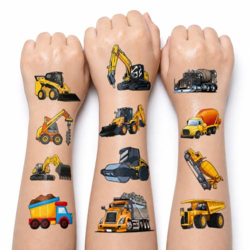 Pre-Cut Construction Temporary Tattoos for Kids - 60 Pack