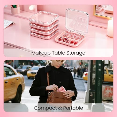 YINGJEE Pink Press On Nail Storage Box Set with 90 Double-Sided Tape - Compact Organizer for Fake Nails & Jewelry