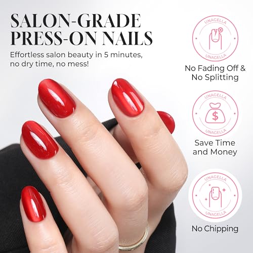 UNA GELLA Soft Gel Press on Nails - Velvet Merlot Red Cat Eye Oval Tips