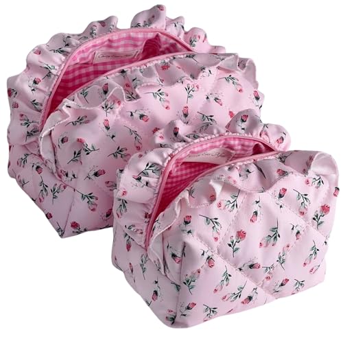 Pink Quilted Rose Makeup Bag Set of 2 - Travel Cosmetic Organizer for Women & Teens