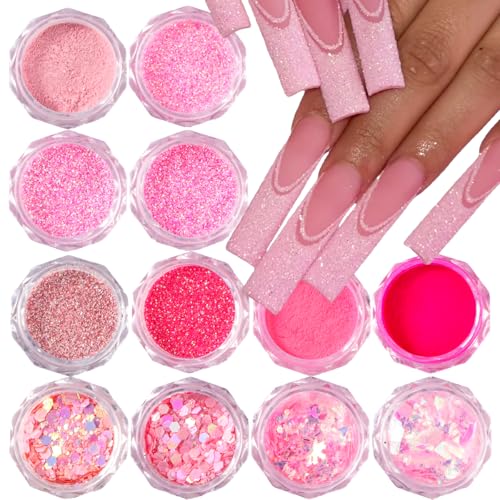12pcs Pink Nail Glitter Powder Set - Holographic Art Sequins