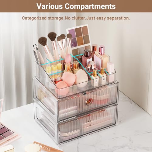 HOMETUK 2-Tier Clear Makeup Organizer with Drawer for Vanity and Bathroom