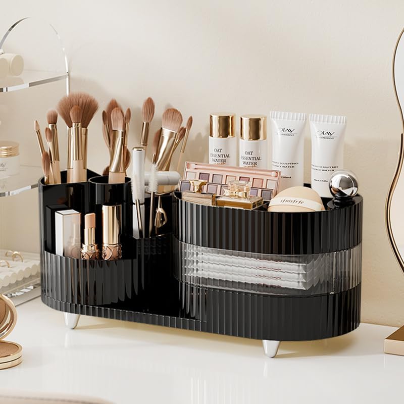 Rotating Makeup Organizer - Large Spinning Vanity Storage with Brush Holder | Black Cosmetic Display Case