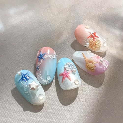Quezadyl Starfish Nail Art Stickers 2 Sheets Summer Seashell 5D Embossed Shell Decals for Manicure and Nail Design