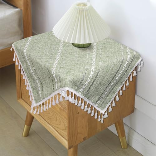 Sage Green Boho Tablecloth 24''x24'' | Cotton Linen Nightstand Cover