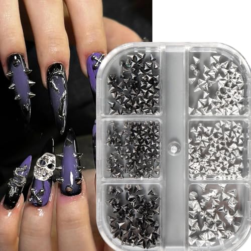 Colorful 12Pcs Gothic Punk Nail Charms Set with Metallic Rivets & Spikes - Silver Black