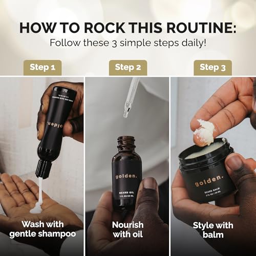 Golden Grooming Beard Bundle (Regular Starter Kit) 4oz Shampoo, 2oz Balm, 1oz Oil - Toasted Vanilla