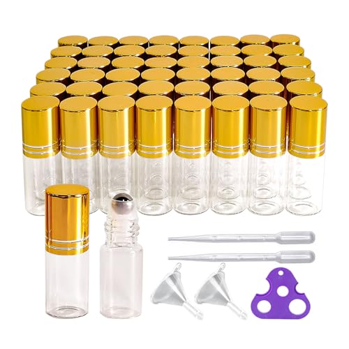 50 PCS 3ml Essential Oil Roller Bottles - Clear Glass with Gold Caps