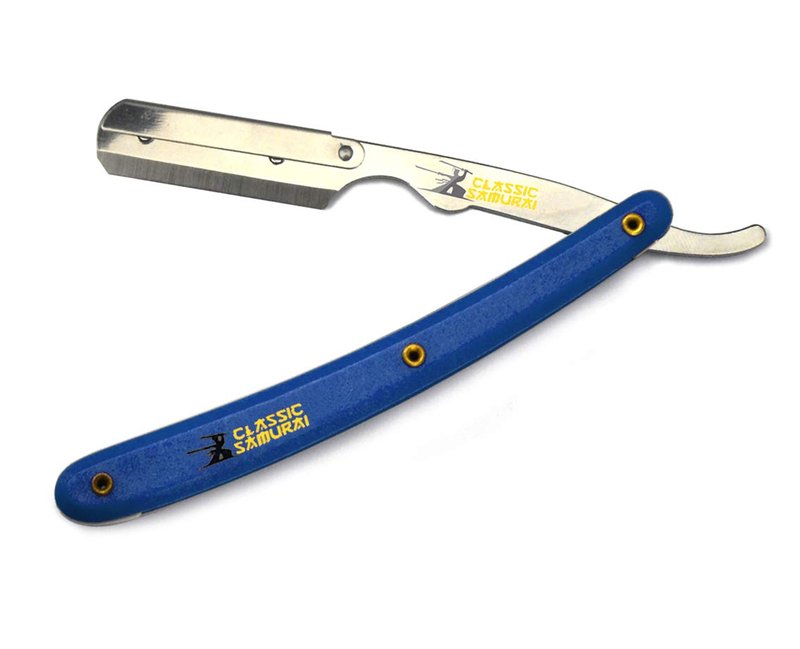 Classic Samurai Stainless Steel Professional Barber Folding Straight Edge Razor Shavette Men's Shaving Kit with 200 Count Lord Single Edge Razor Blades (Blue)