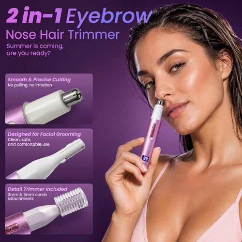 Nose & Ear Hair Trimmer for Women and Men, 2026 Painless USB Rechargeable Facial & Eyebrow Trimmer Clipper with LED Display for Easy Cleansing, Portable Grooming Kit,Gift Box Included (Purple)