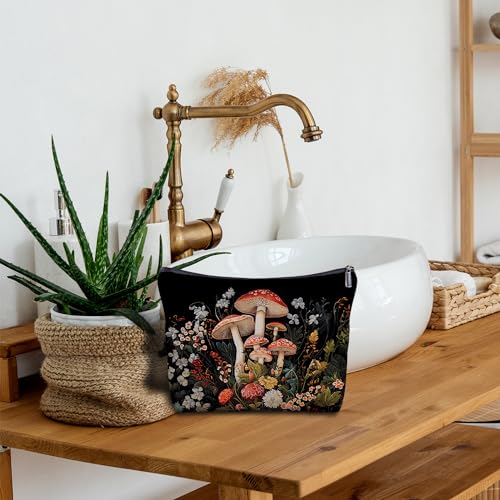 Mushroom Cosmetic Bag - Linen Makeup Organizer Pouch for Travel