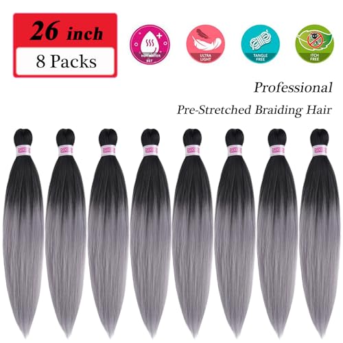 SIXERSI 26 Inch Grey Ombre Pre Stretched Braiding Hair Extensions Pack of 8 for Knotless Braid Styles