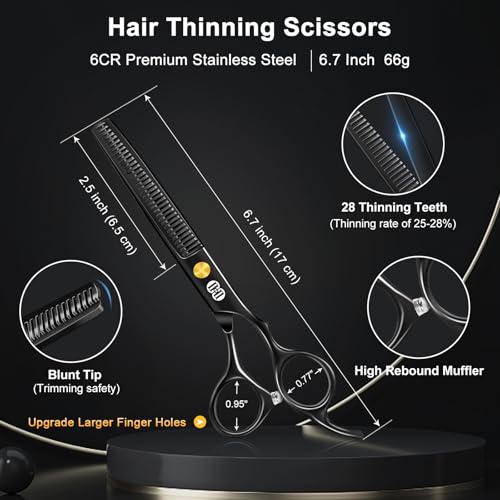 CIICII Hair Cutting Scissors Shears Kit, Professional Barber Haircut Scissors Set (6.7 Inch Hair Beard Hairdressing Trimming Haircutting Thinning Shears) for Men Women Hairdresser Home Salon (Black)