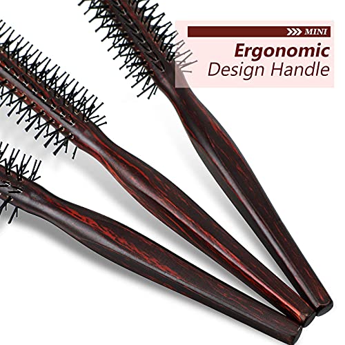 Mini Round Hairbrush Set for Short Hair, 3 Pack, 1 Inch Nylon Bristles, Wooden Handle for Pixie Cuts & Volume