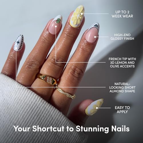 Glamnetic Press On Nails - Short Almond Fake Nails in Bright Orange with Olives, Lemons & Ceramic Designs, Salon Quality, Summer Nails | Aperitivo Hour | 15 Sizes - 30 Nail Kit with Glue