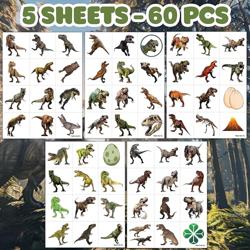 60 Pre-Cut 3D T-Rex Dinosaur Temporary Tattoos for Kids