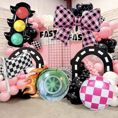 7-Piece Pink Racing Balloons Set for Girls Birthday Party
