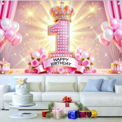 BlissYard First Pink Crown Birthday Banner 71x43 Inch Polyester Decor