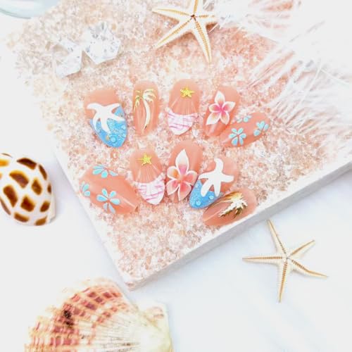 30 PCS Medium Almond Press-On Nails with 3D Starfish & Floral Designs