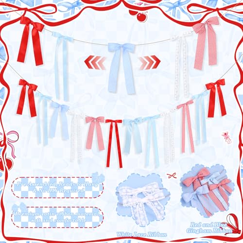 Cherry Gingham Bow Garland with Lace Accents - Party Decoration